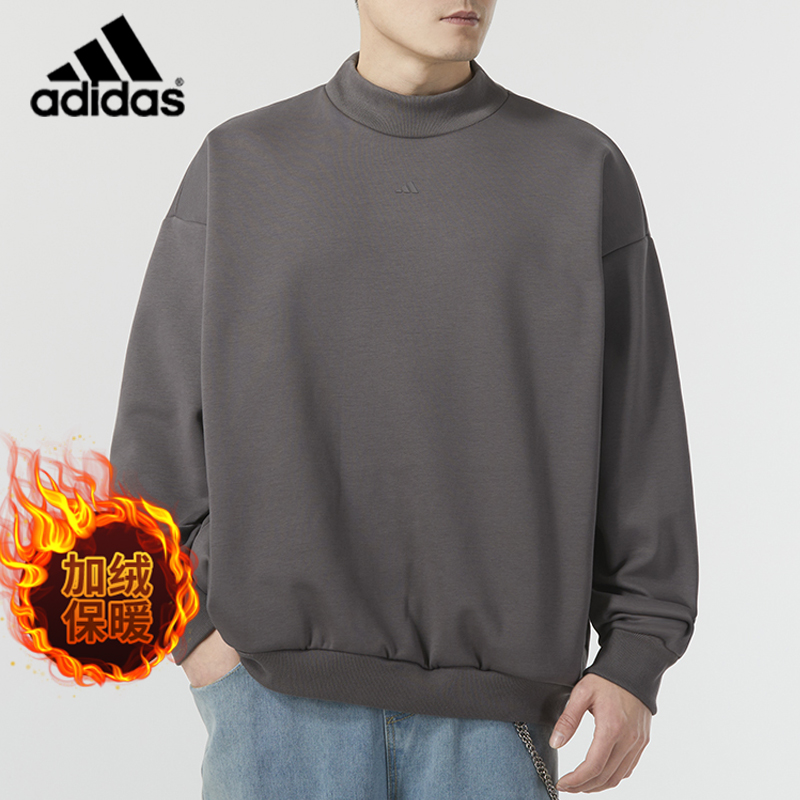 阿迪达斯情侣装圆领套头衫2025秋季款运动休闲加绒保暖卫衣IX1966