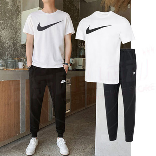 耐克旗舰店正品男子圆领白色上衣T恤短裤透气春季跑步运动套装男