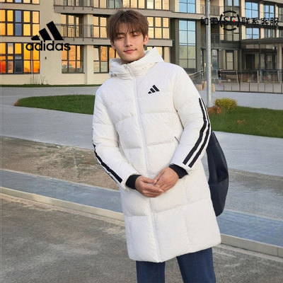阿迪达斯长款白色羽绒服男装2025冬季新款连帽运动服保暖羽绒外套