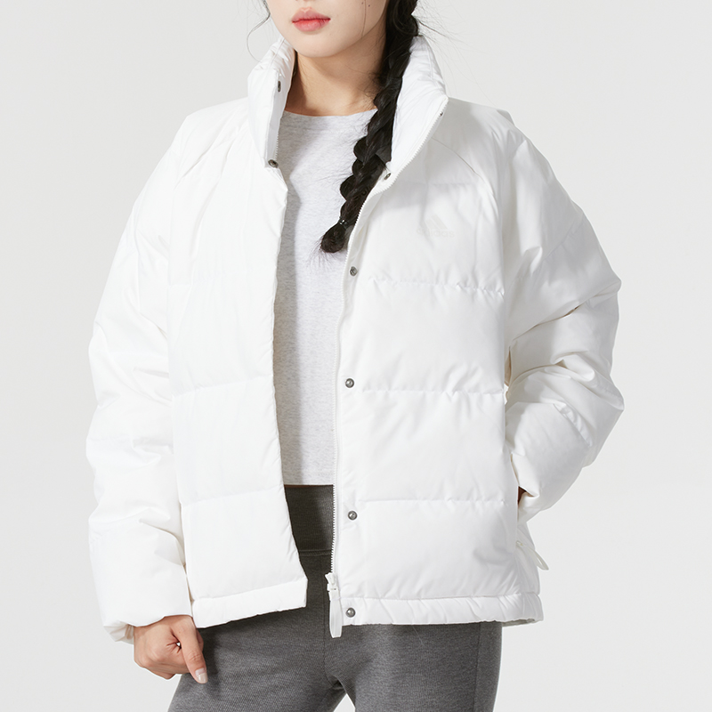 阿迪达斯白色短款羽绒服女装2025冬季新款保暖运动立领外套IX8867