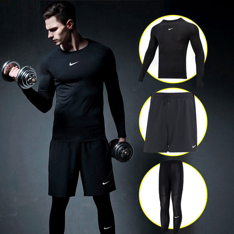 耐克健身套装男跑步训练紧身衣男款Dri-Fit速干长袖跑步健身服