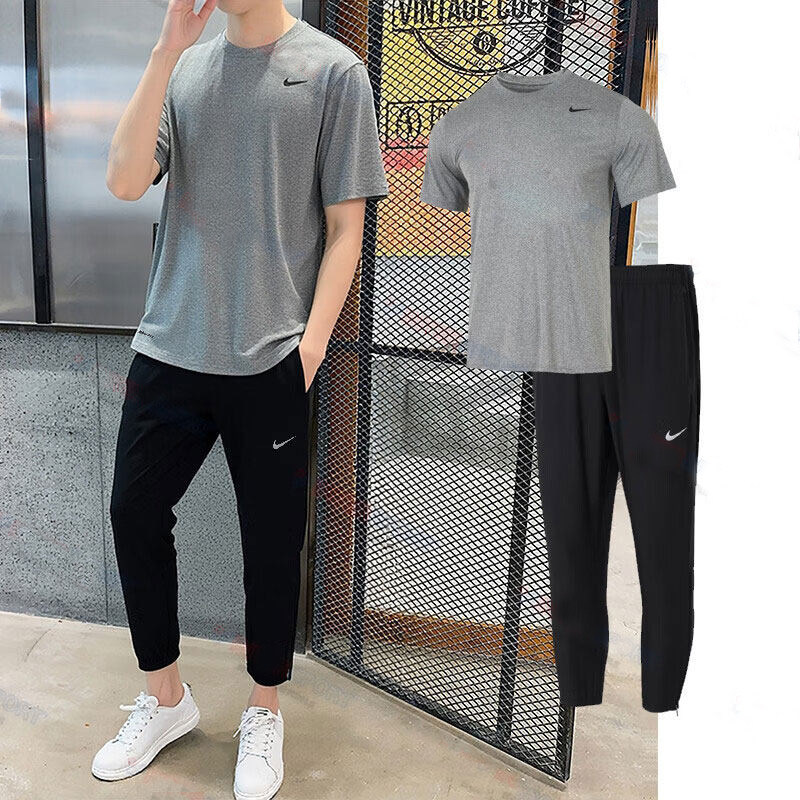 nike耐克男装速干灰色短袖T恤收口长裤子跑步健身训练服运动套装