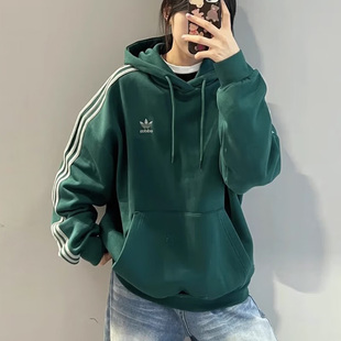 阿迪达斯三叶草连帽卫衣男绿色25春新款加绒加厚保暖套头衫JP1070
