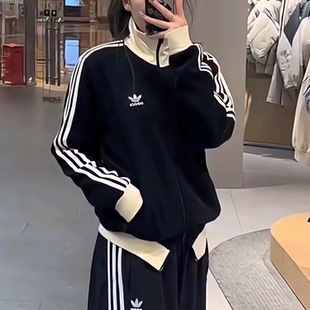 阿迪达斯三叶草男女装夹克外套25新款三条纹立领休闲运动服JW0110