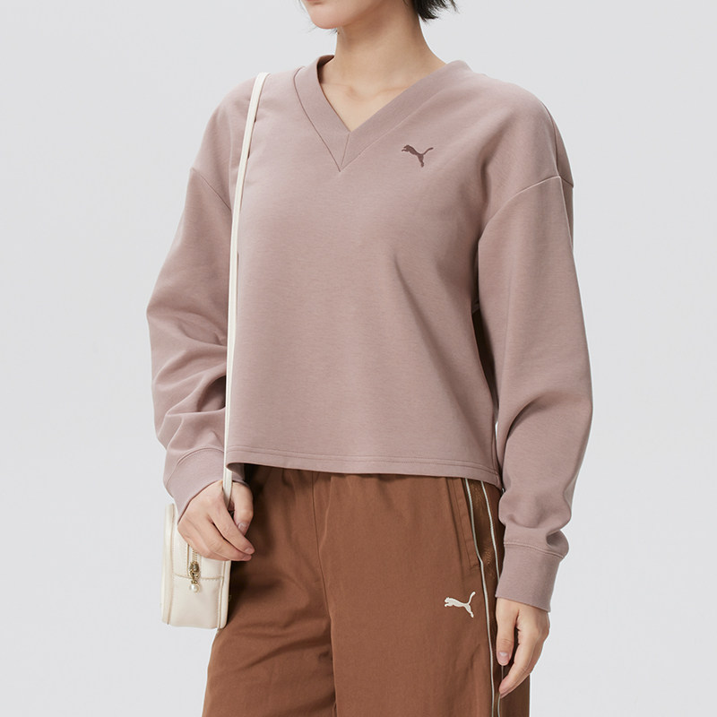 PUMA彪马女装V领针织衫26春新款运动服休闲粉色套头卫衣694093-88