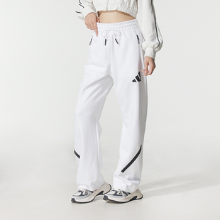 阿迪达斯adidas女裤白色直筒长裤子25新款宽松运动裤休闲裤JJ4747