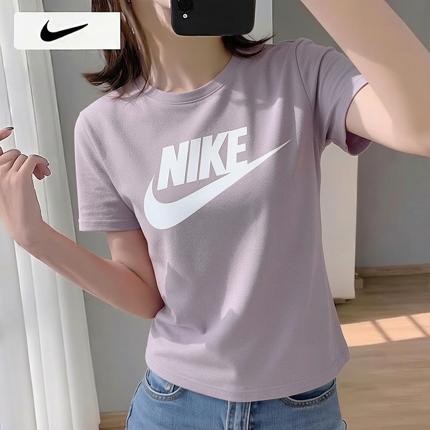 NIKE耐克女装浅紫色短袖T恤26夏季跑步健身透气休闲运动服DX