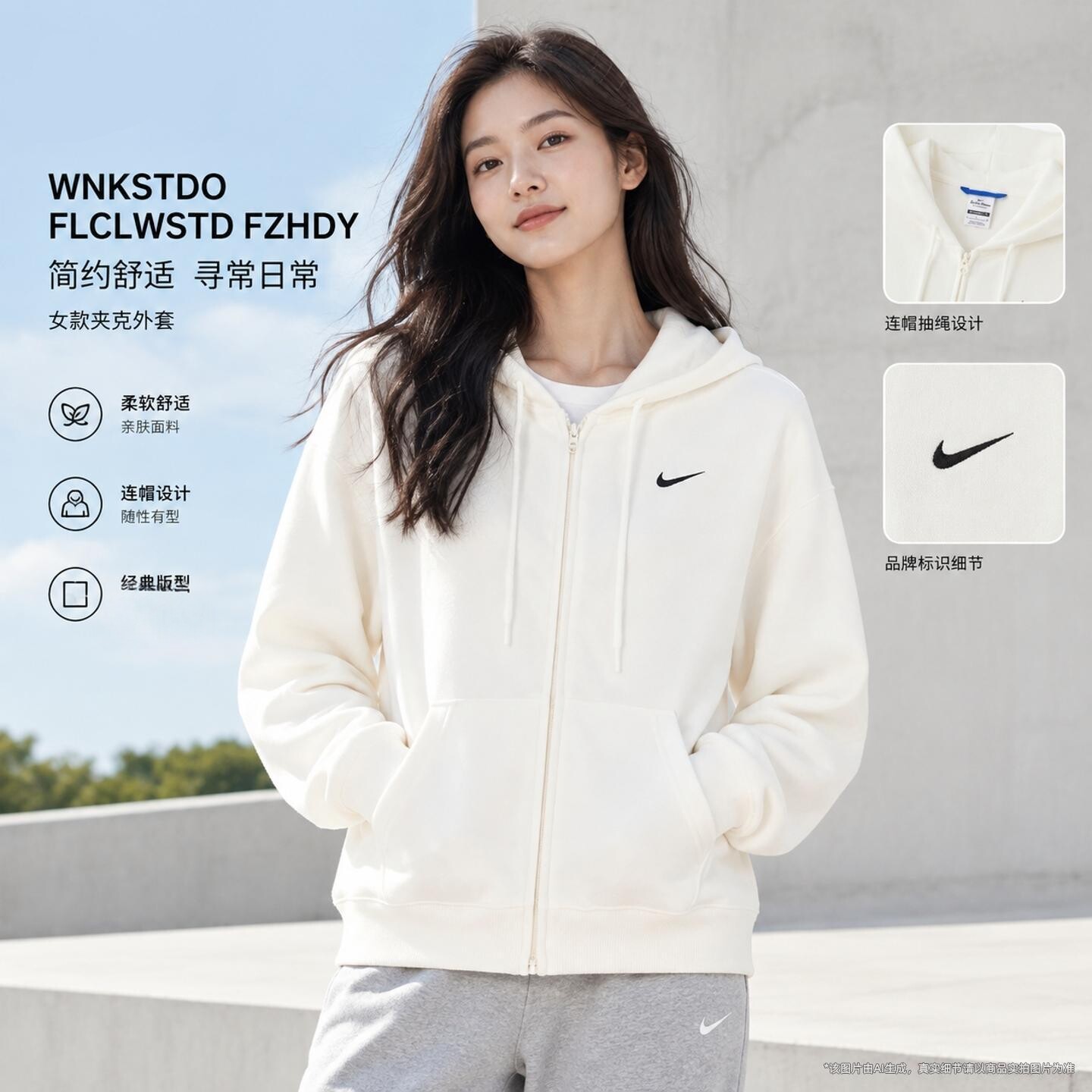 耐克外套女运动服2026秋季针织夹克日常出行开衫连帽卫衣透气外套