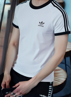 阿迪达斯白色短袖T恤男装运动服25冬季新款跑步三叶草半袖KB2560
