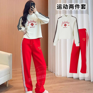 马年新年款运动套装女装阿迪达斯白色休闲连帽卫衣红色直筒长裤子