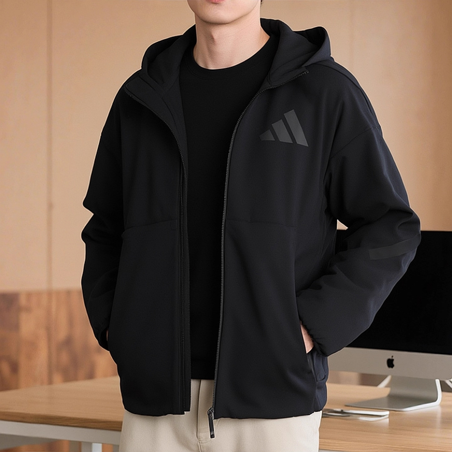 adidas阿迪达斯黑标连帽外套春秋男装保暖针织运动服夹克JE7538