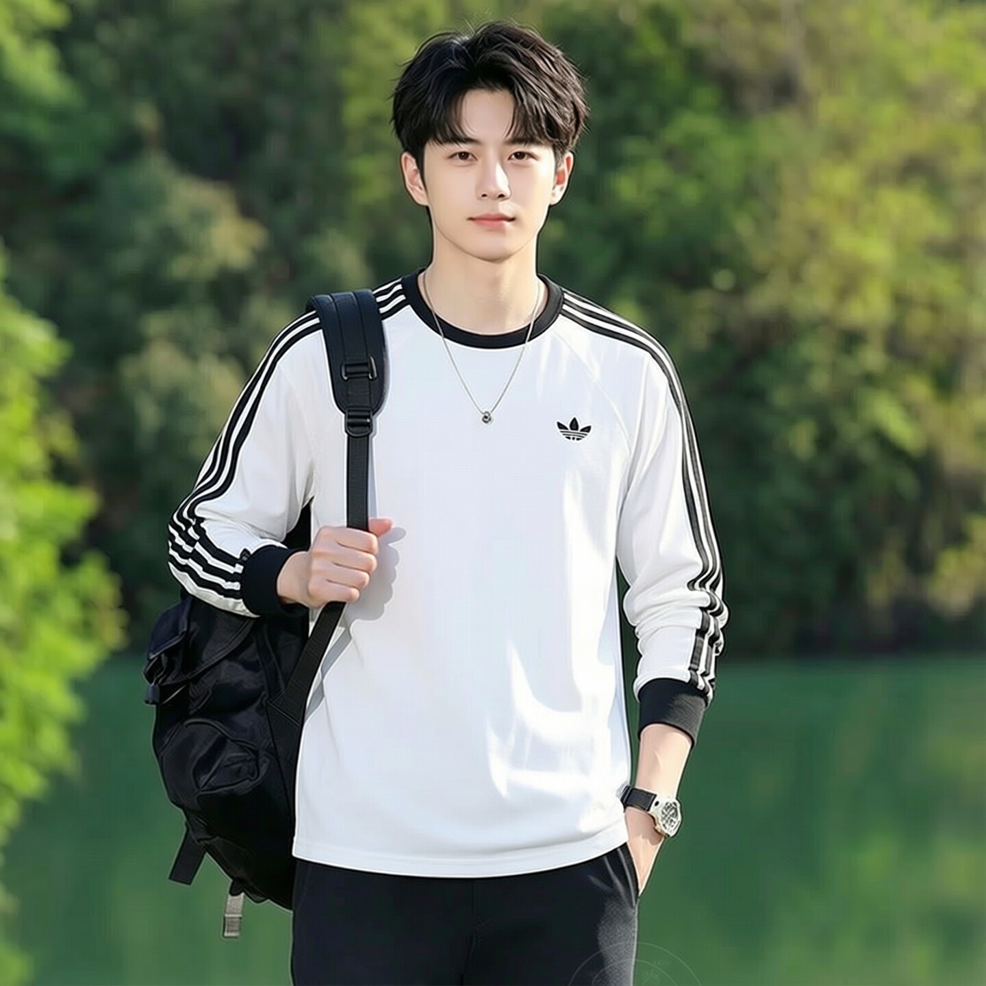 adidas阿迪达斯男装白色长袖T恤2026秋装三叶草圆领套头衫运动服