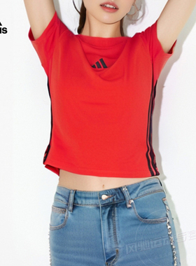 短款红色T恤阿迪达斯短袖25春新款运动服透气跑步修身上衣JE1252
