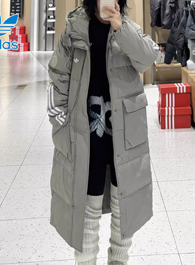 阿迪达斯三叶草羽绒服男女装冬季运动服保暖连帽中长款外套KF3698