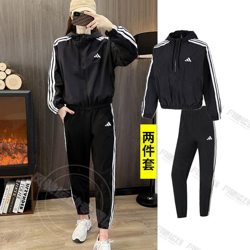 阿迪达斯女装三条纹梭织夹克外套长裤子春装运动套装2026新款黑色