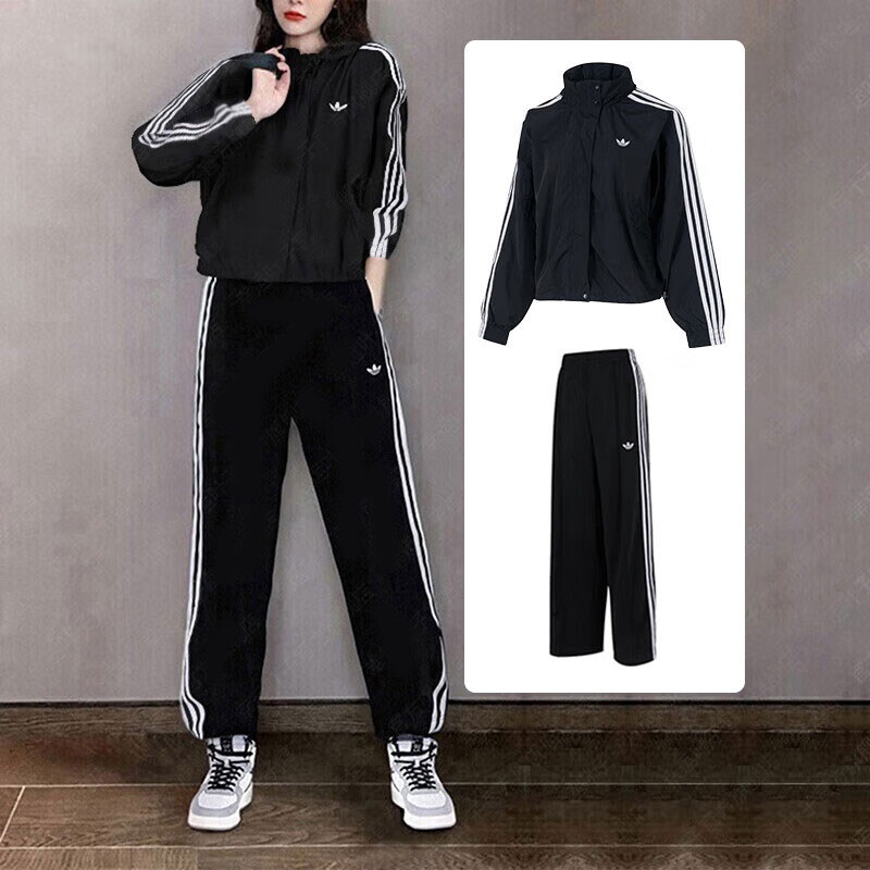 阿迪达斯三叶草女装春季运动套装连帽外套直筒长裤26新款防风夹克