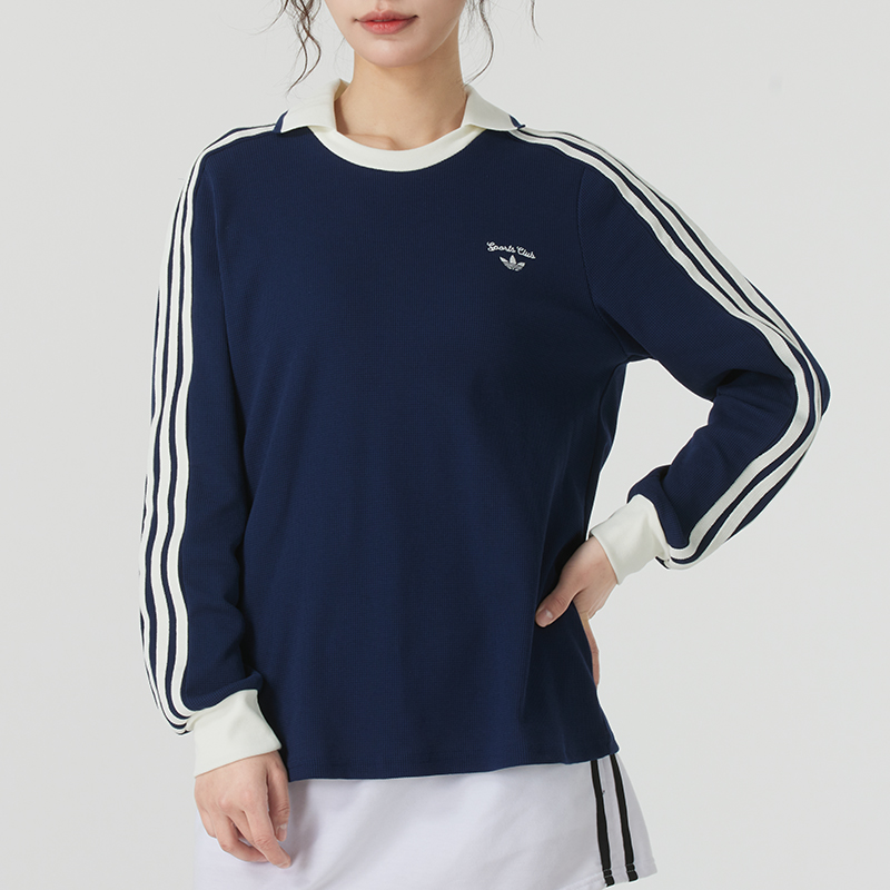 阿迪达斯三叶草长袖套头衫女装透气运动服休闲翻领T恤蓝色JM8012