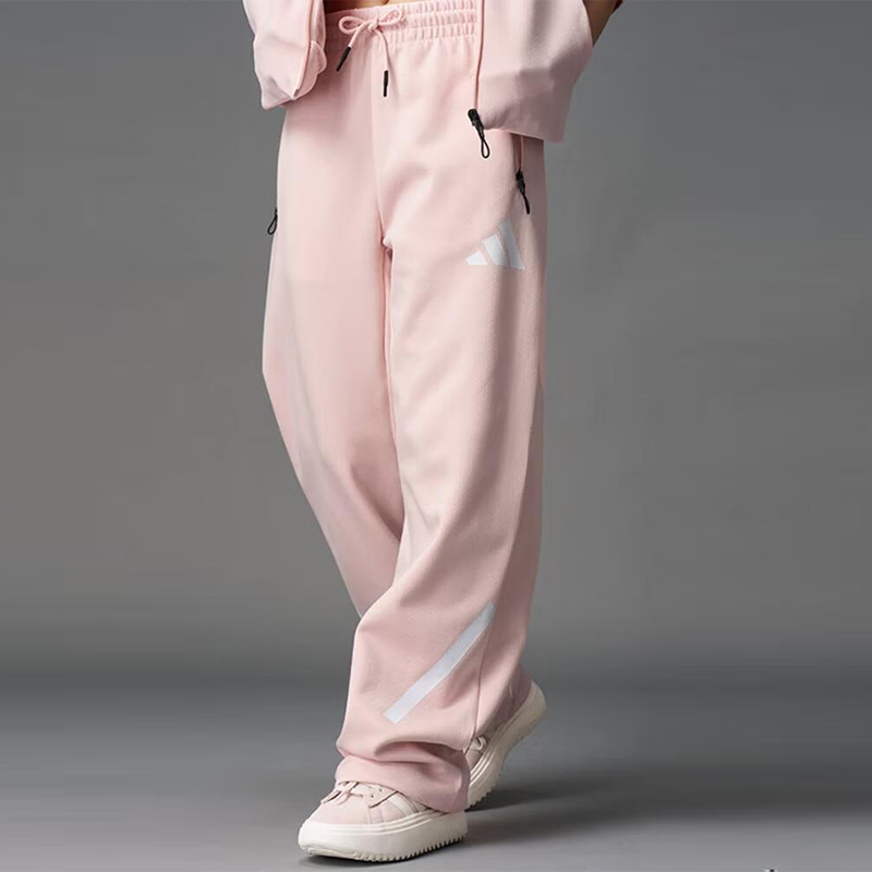 Adidas阿迪达斯女裤粉色直筒裤2025秋新款运动休闲针织长裤KC7907
