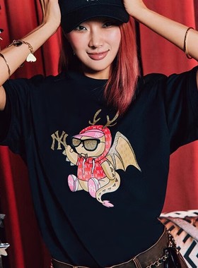 美职棒MLB黑色印花T恤男装女装25春新年款龙年运动短袖3ATSQ0141