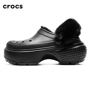 crocs卡骆驰黑色厚底洞洞鞋男女鞋25冬季毛绒户外潮凉拖鞋208546