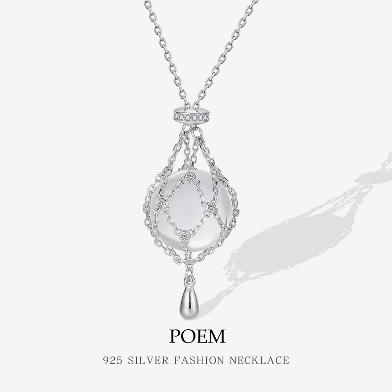 POEM925纯银网兜白水晶项链女