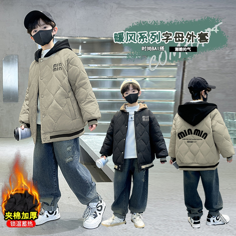 2025秋冬中大童字母棉服加厚开衫上衣儿童宽松休闲连帽保暖棉衣