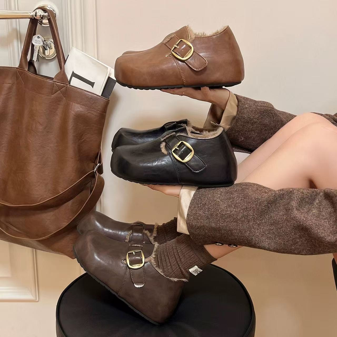 2025新款冬季加绒厚底牛皮一脚蹬