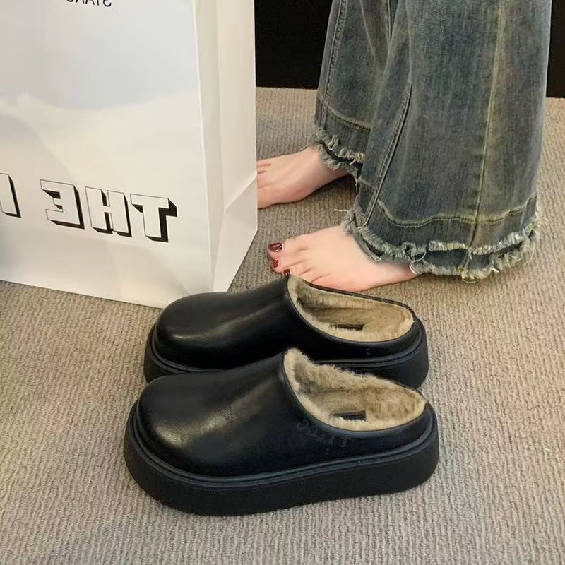 毛毛半拖鞋一脚蹬牛皮雪地靴