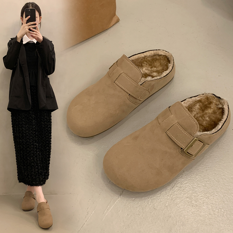 加绒羊皮毛一体勃肯鞋女冬季新款保暖一脚蹬懒人包头毛毛鞋棉鞋潮