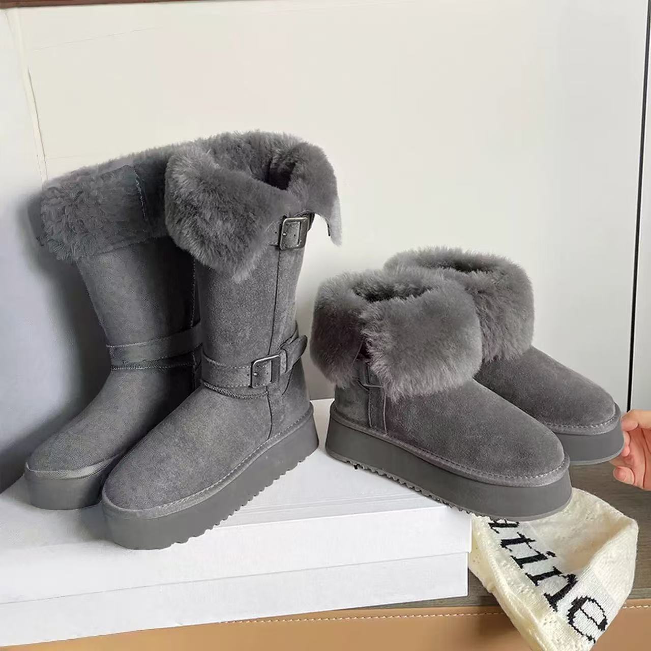 厚底加绒羊皮毛一体雪地靴女冬季