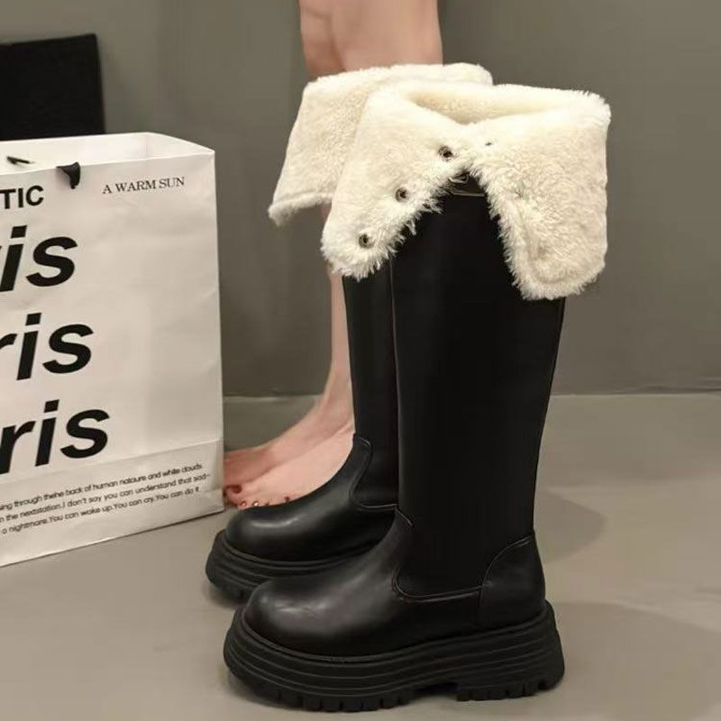 牛皮长筒靴女秋冬新款保暖皮带扣