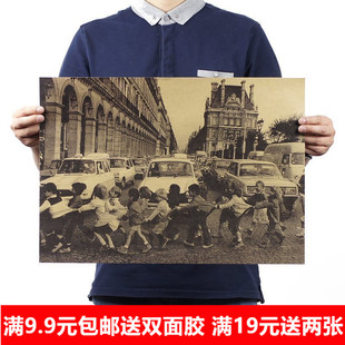 室内酒吧咖啡店装 摄影牛皮纸海报 饰挂画芯 小孩 巴黎街头过马路