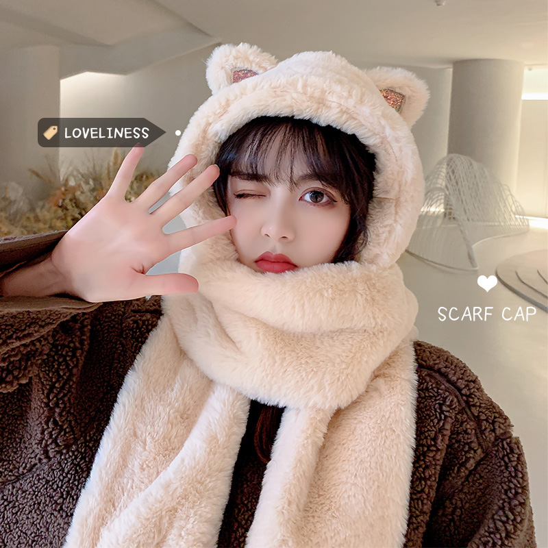 小熊耳朵毛绒围巾帽一体保暖围脖
