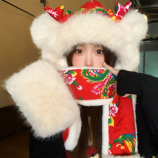 东北大花中国风毛绒帽子围巾一体女冬季加厚保暖三件套防寒护耳帽