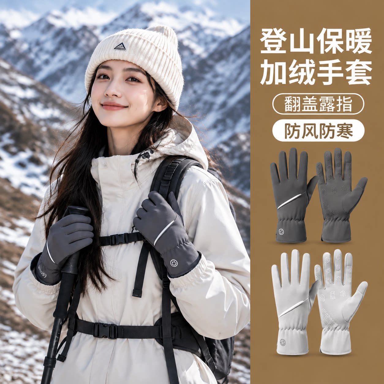 登山徒步保暖加绒手套男女防风防寒触屏户外防滑防水冬季骑行手套