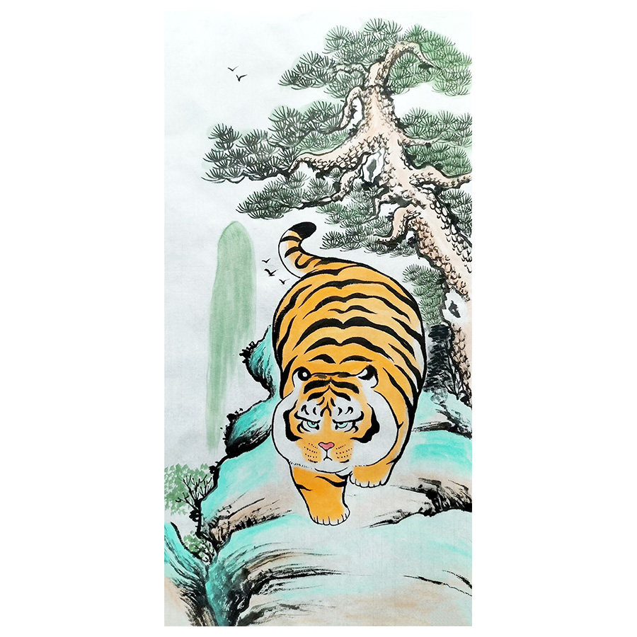 手绘十二生肖唐伯虎老虎画竖幅上山虎画绘制下胖老虎国画个性国画