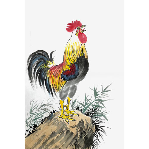 手绘雄鸡图定制 金鸡报晓画 客厅小幅大公鸡画 水墨竹子画 报晓图