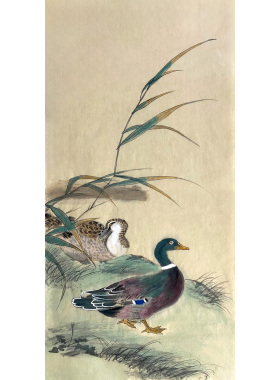 鸭子画 手绘溪芦野鸭图 双鸭画 芦苇画 中式宣纸竖幅水墨鸭子国画