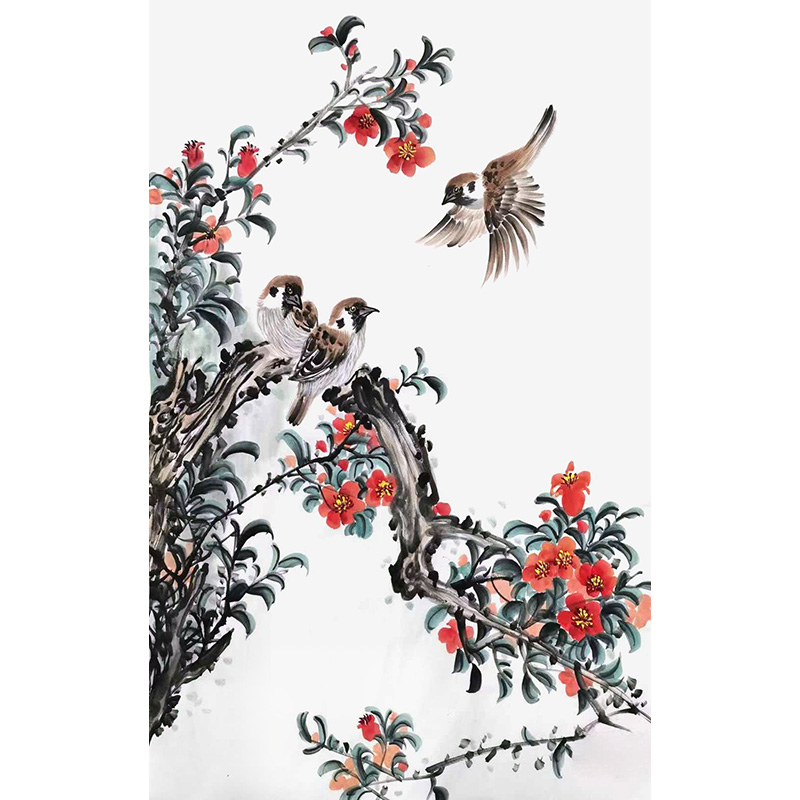 手绘茶花图 麻雀图 迎春花画 石榴花挂画 麻雀栖枝图 海棠花挂画