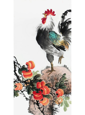 柿子画 手绘公鸡画 手工金鸡报晓画 事事如意国画 大吉大利装饰画