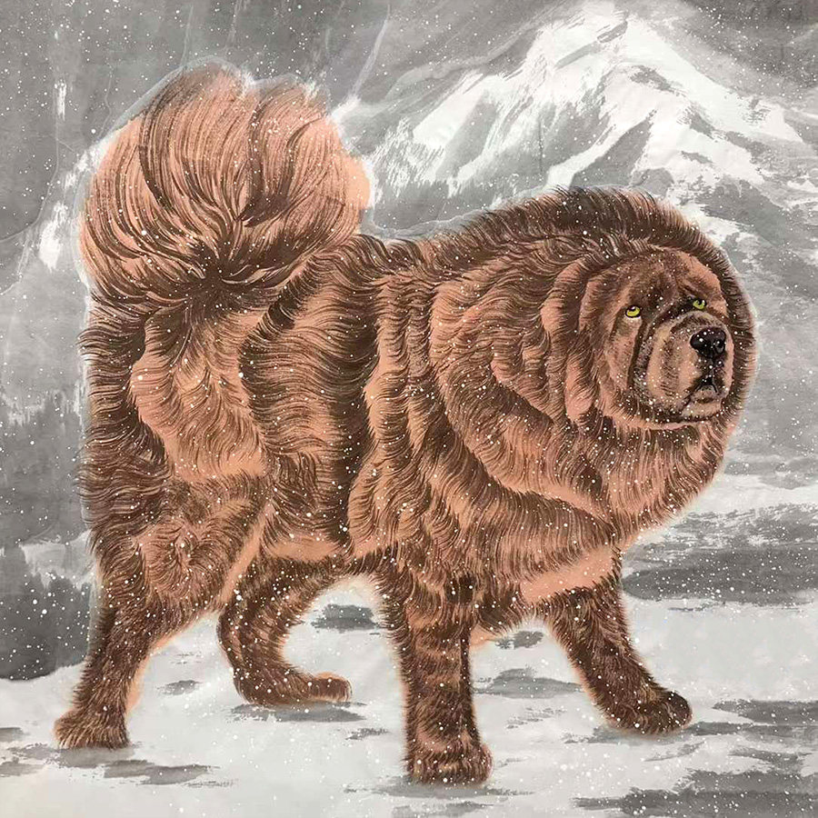 手绘定制黄色藏獒国画走兽手绘藏獒60x60西北风情中堂办公室挂画