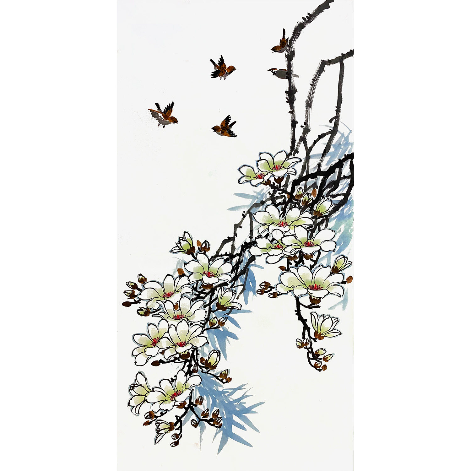 玉兰花手绘画定制 手工麻雀画 隔断电表箱遮挡画 鸟语花香宫廷画