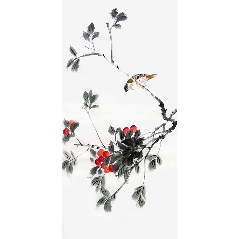 樱桃画 手绘樱桃小鸟图 毛樱桃图 钙果画 野果画 客厅玄关卷轴画