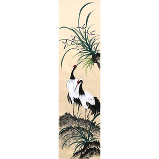丹顶鹤画 手绘仙鹤画 兰花图 松鹤迎春国画 新房入户五福长寿挂画