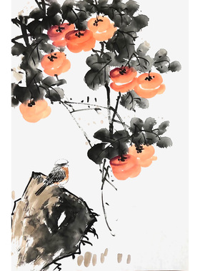 柿子画 纯手绘事事如意宣纸画 大写意花鸟画 名家柿子小鸟装饰画