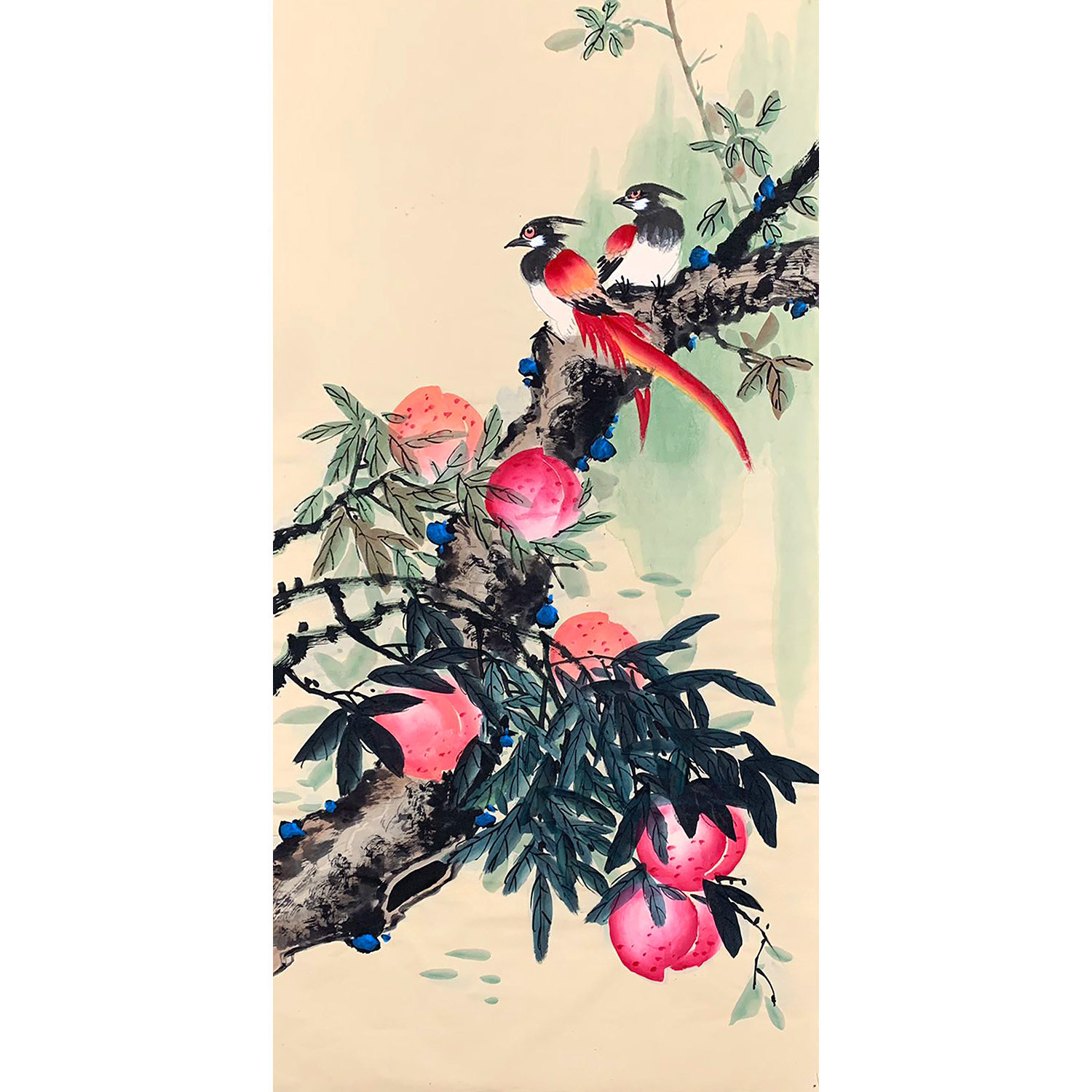 桃子画手绘定制 手工寿桃图 中式绶带鸟挂画 中式传统喜鹊装饰画