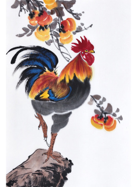 公鸡挂画 雄鸡报晓宣纸画 大吉大利柿子画 十二生肖公鸡画 吉祥画