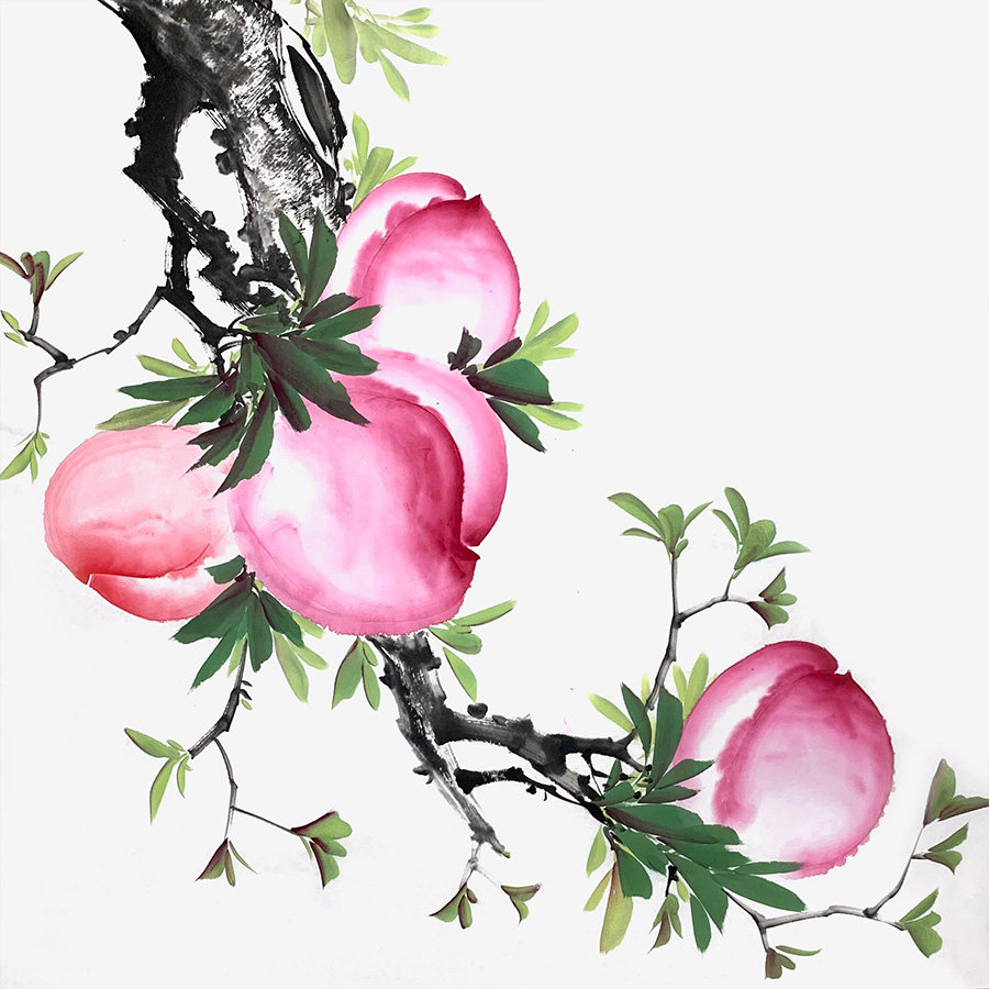 手绘定制桃子画四方寿桃图新中式客厅背景墙面挂画卧室餐厅桃壁画