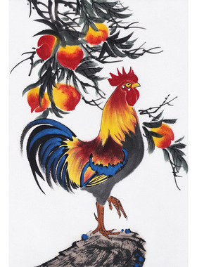 金鸡报晓挂画 手绘桃子画 雄鸡报晓装饰画 闻鸡起舞画 祝寿送礼图