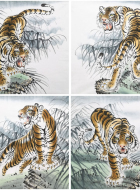 手绘十二生肖老虎图斗方上山虎画手工绘制下山虎国画客厅雄虎挂画